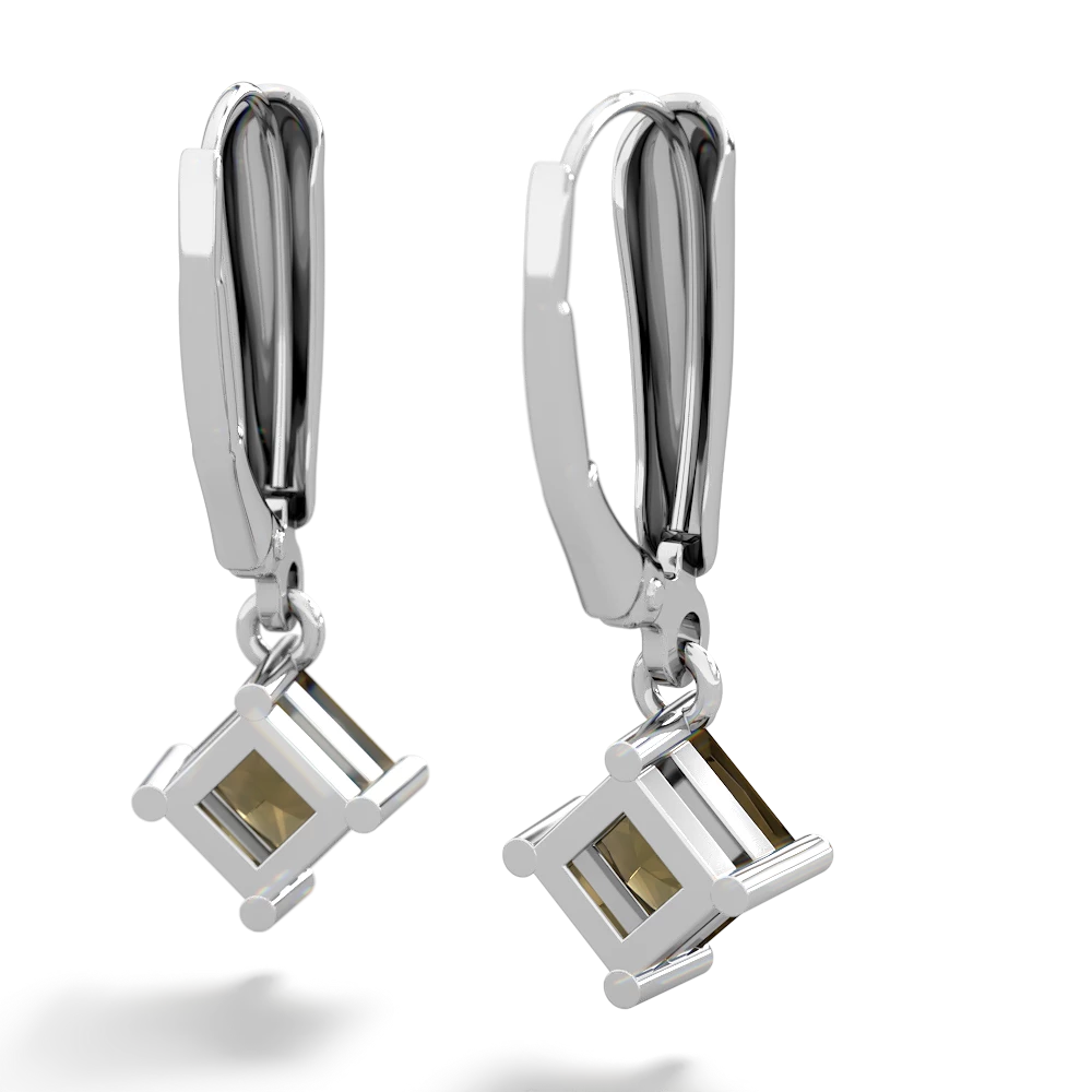 Smoky Quartz 6Mm Princess Lever Back 14K White Gold earrings E2789