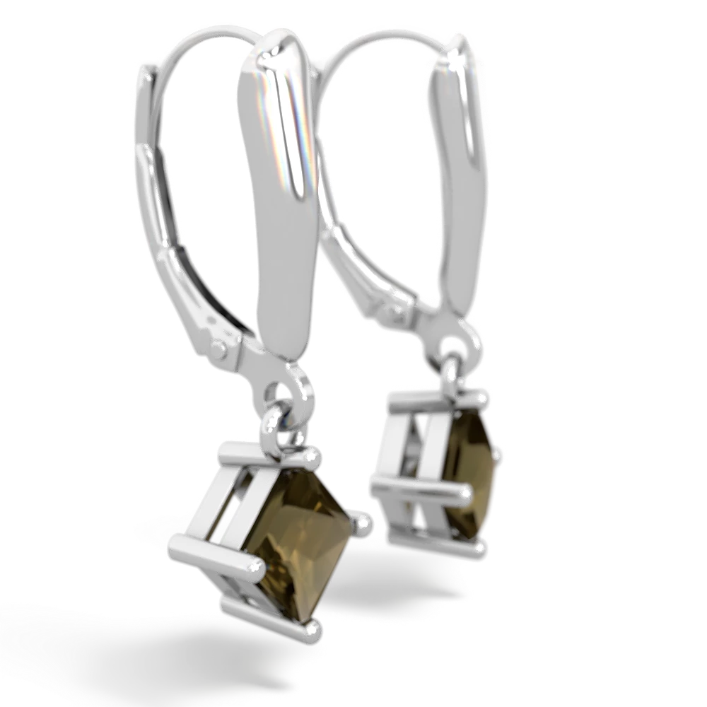 Smoky Quartz 6Mm Princess Lever Back 14K White Gold earrings E2789