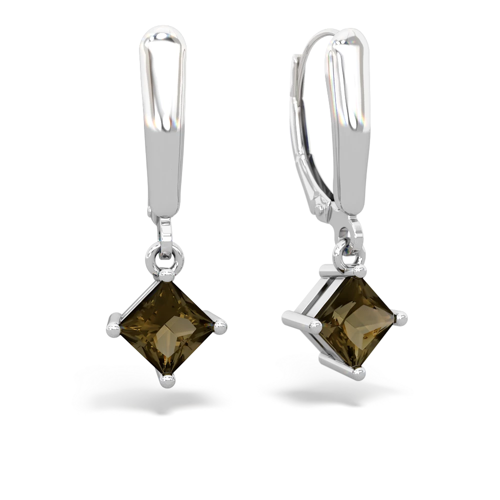 Smoky Quartz 6Mm Princess Lever Back 14K White Gold earrings E2789