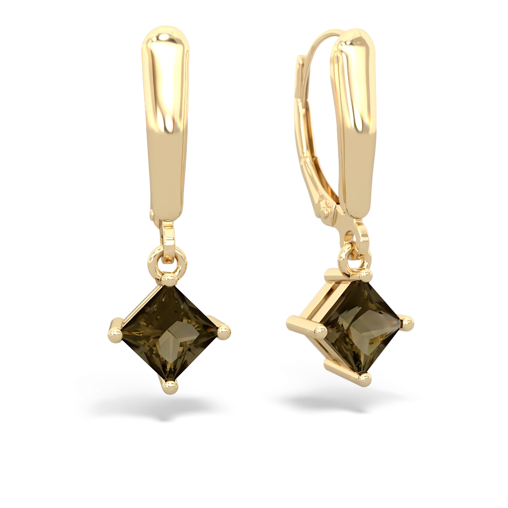 Smoky Quartz 6Mm Princess Lever Back 14K Yellow Gold earrings E2789