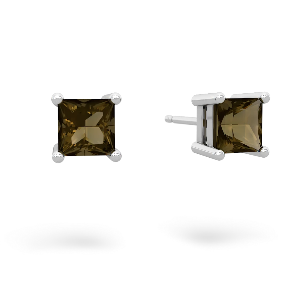 Smoky Quartz 5Mm Princess Cut Stud 14K White Gold earrings E1789