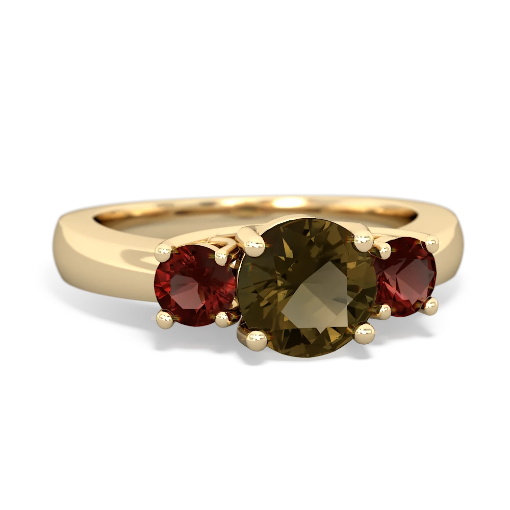 Smoky Quartz Three Stone Round Trellis 14K Yellow Gold ring R4018