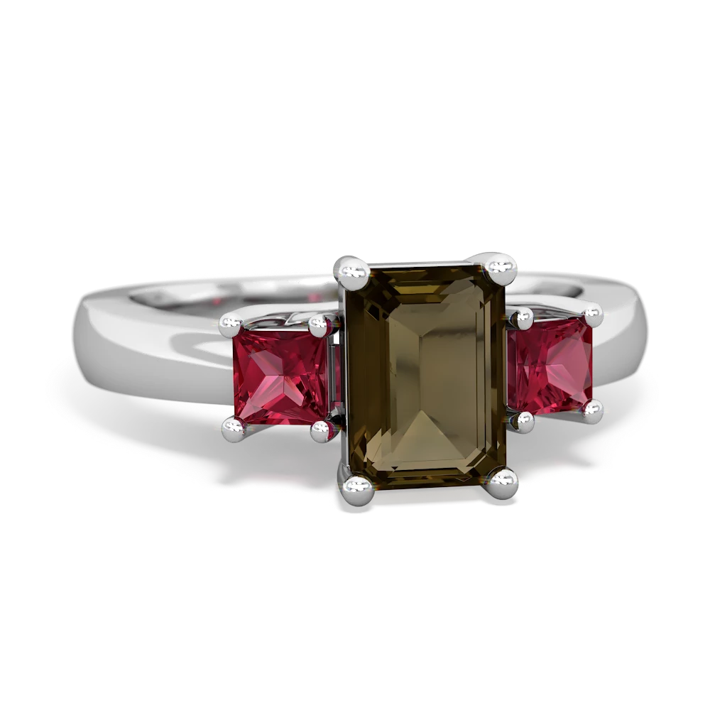 Smoky Quartz Three Stone Emerald-Cut Trellis 14K White Gold ring R4021