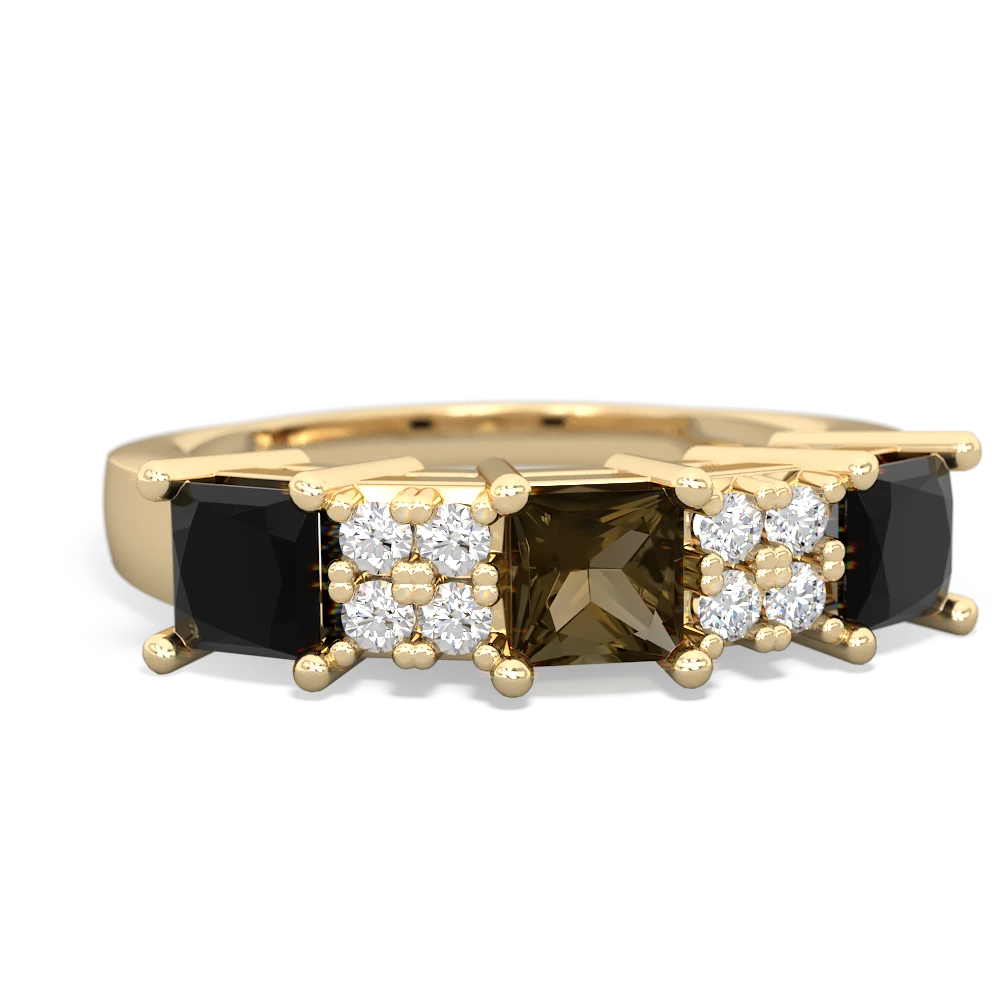 Smoky Quartz Three Stone Diamond Cluster 14K Yellow Gold ring R2592