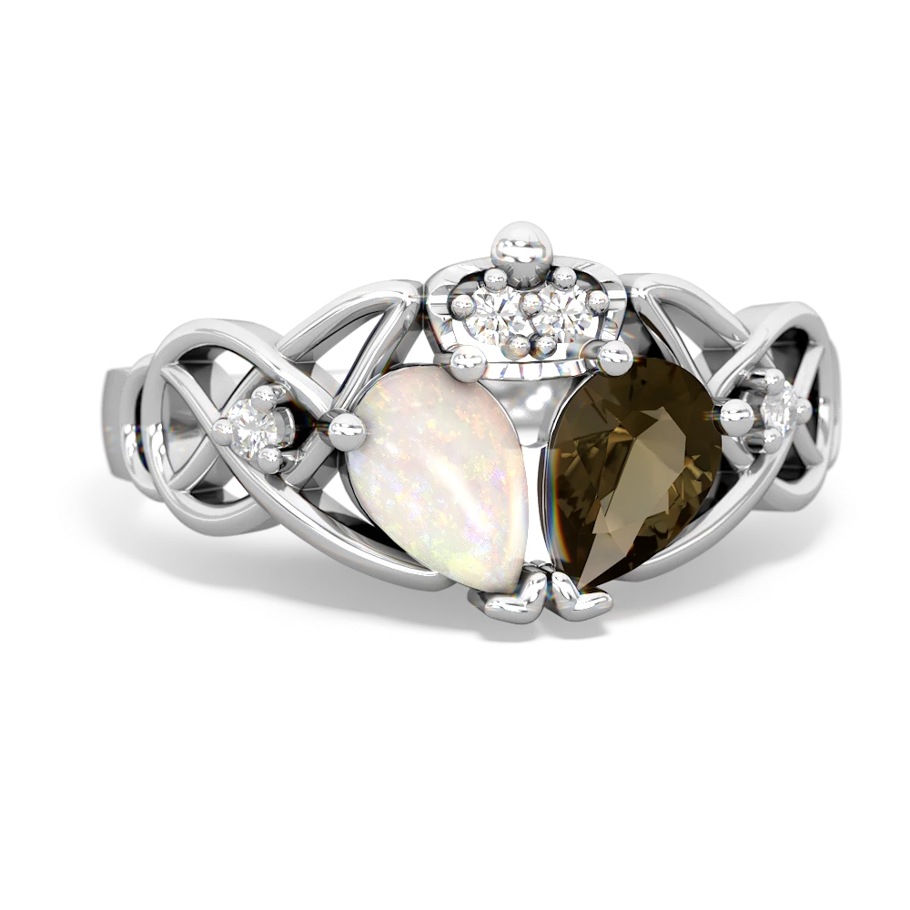 Smoky Quartz 'One Heart' Celtic Knot Claddagh 14K White Gold ring R5322