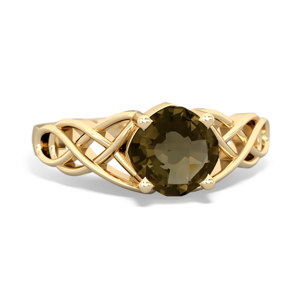 Smoky Quartz Checkerboard Cushion Celtic Knot 14K Yellow Gold ring R5000