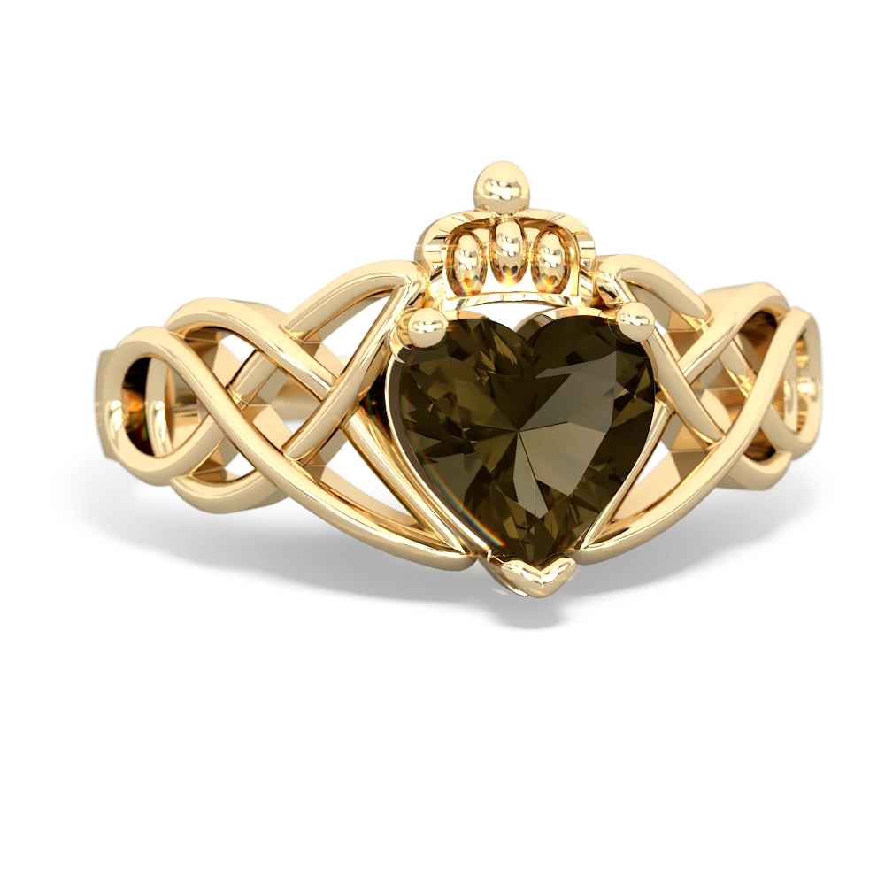 Smoky Quartz Claddagh Celtic Knot 14K Yellow Gold ring R2367