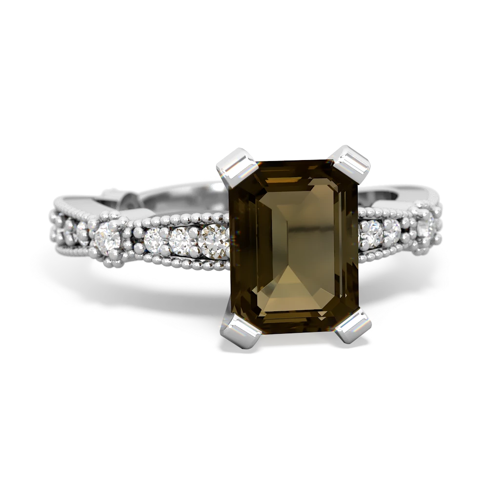 Smoky Quartz Sparkling Tiara 8X6 Emerald-Cut 14K White Gold ring R26298EM