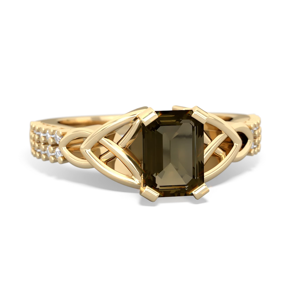 Smoky Quartz Celtic Knot 7X5 Emerald-Cut Engagement 14K Yellow Gold ring R26447EM