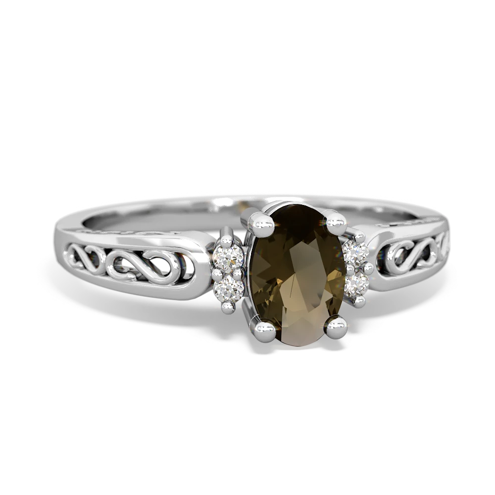 Smoky Quartz Filligree Scroll Oval 14K White Gold ring R0812