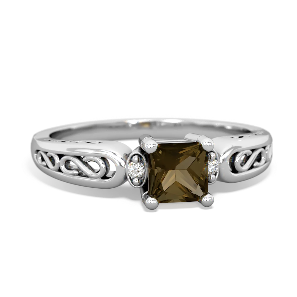 Smoky Quartz Filligree Scroll Square ring - 14K White Gold