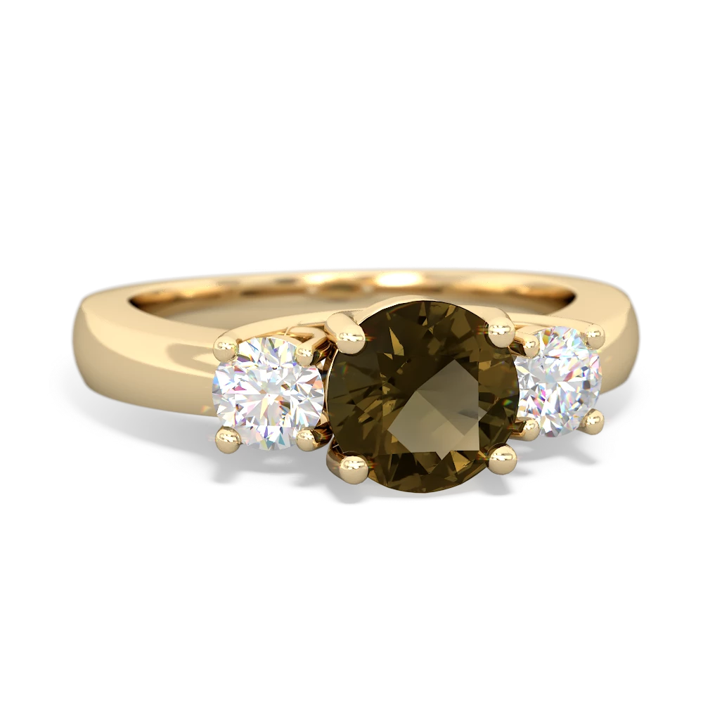 Smoky Quartz Diamond Three Stone Round Trellis 14K Yellow Gold ring R4018