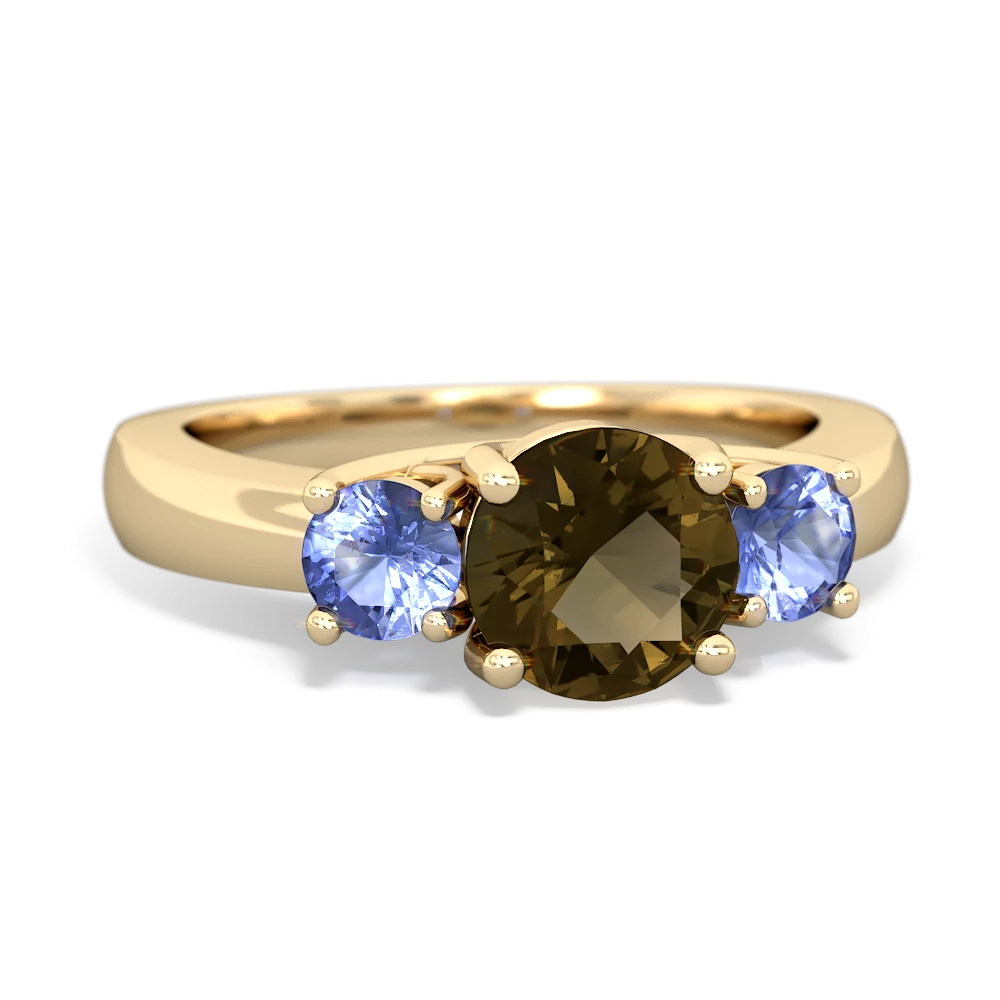 Smoky Quartz Three Stone Round Trellis 14K Yellow Gold ring R4018