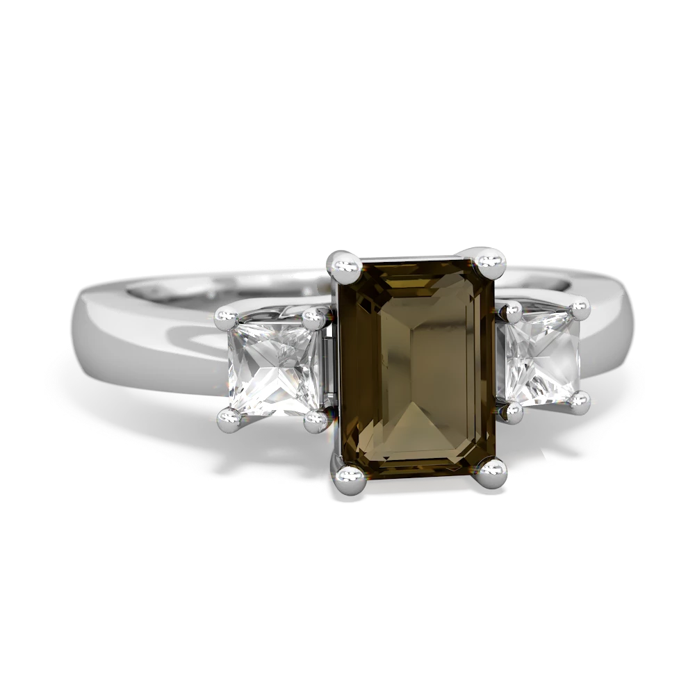 Smoky Quartz Three Stone Emerald-Cut Trellis 14K White Gold ring R4021