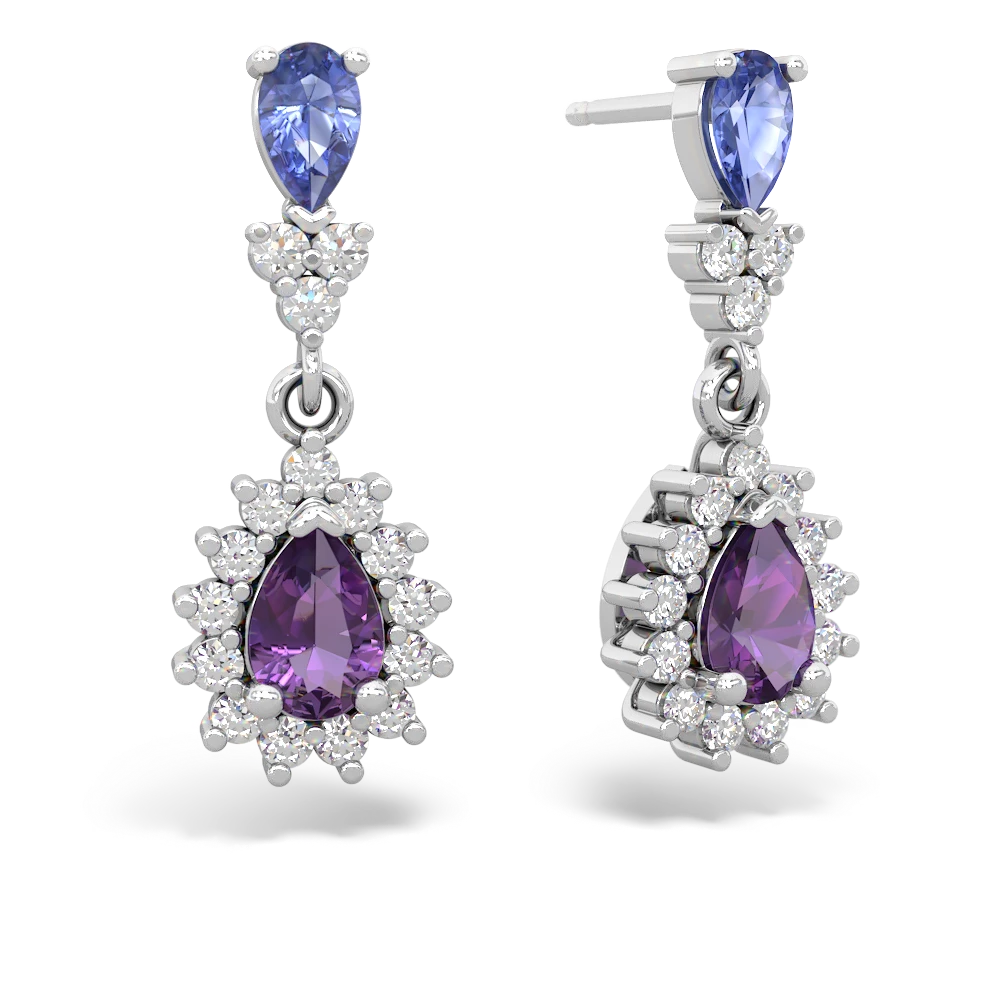 Tanzanite Amethyst Halo Pear Dangle earrings - 14K White Gold