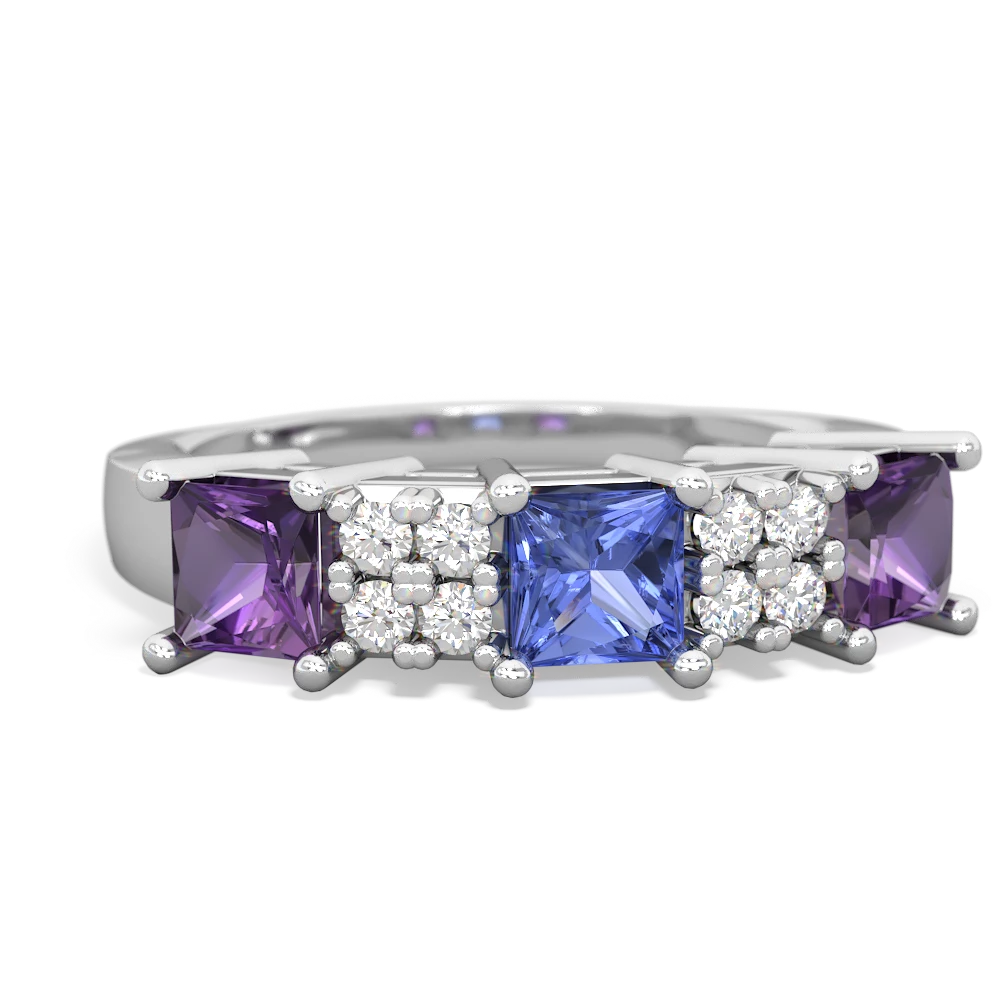 Tanzanite Three Stone Diamond Cluster 14K White Gold ring R2592