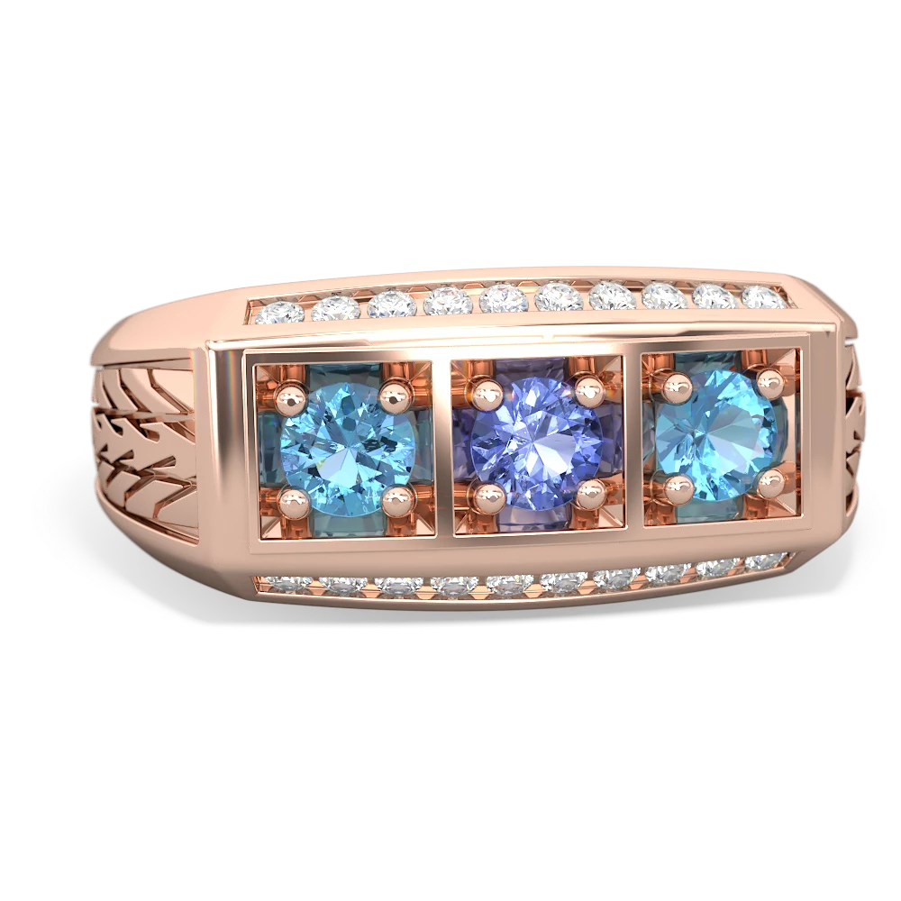 Tanzanite Three Stone Tire Tread Men's 14K Rose Gold ring R0520