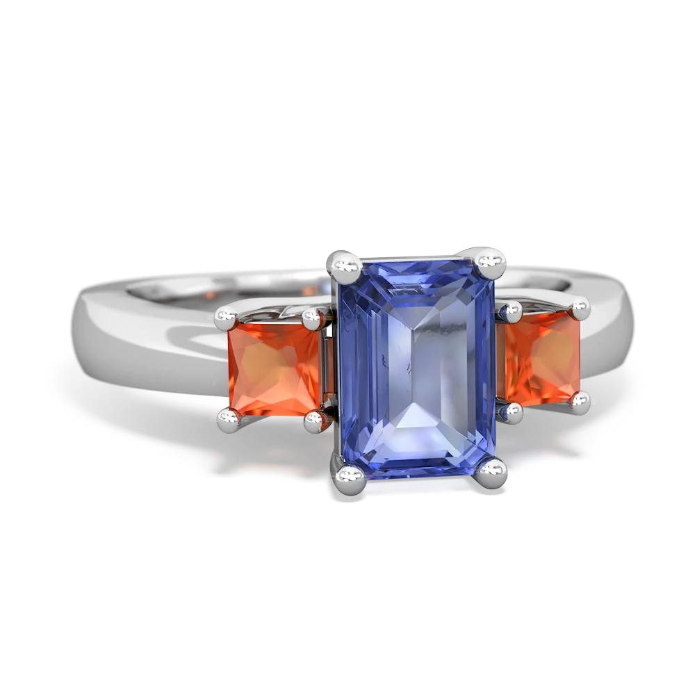 Tanzanite Three Stone Emerald-Cut Trellis 14K White Gold ring R4021