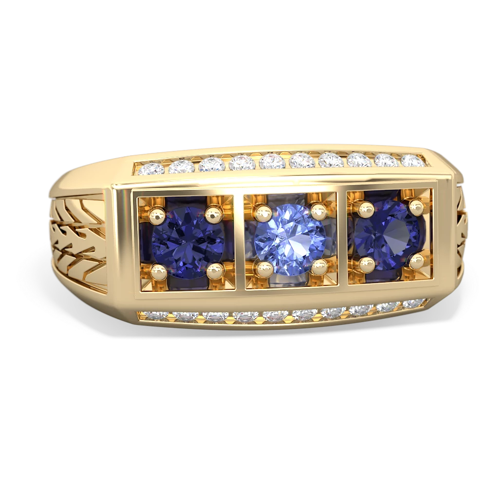 Tanzanite Three Stone Tire Tread Men's 14K Yellow Gold ring R0520