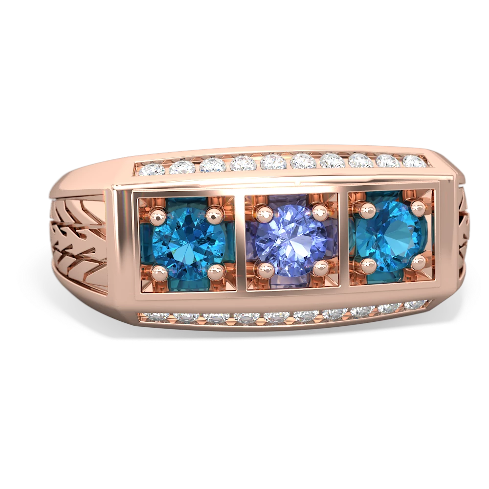 Tanzanite Three Stone Tire Tread Men's 14K Rose Gold ring R0520