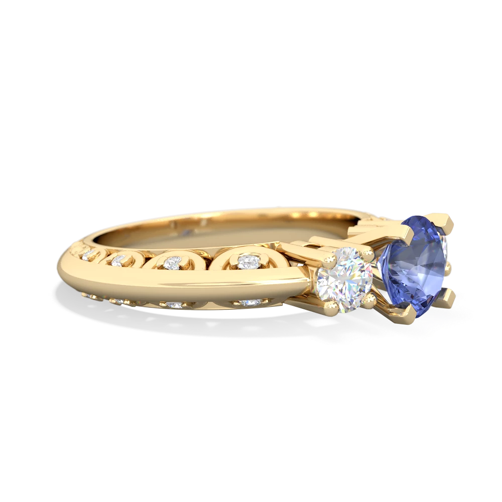 Tanzanite Art Deco Diamond 6Mm Round Engagment 14K Yellow Gold ring R2003