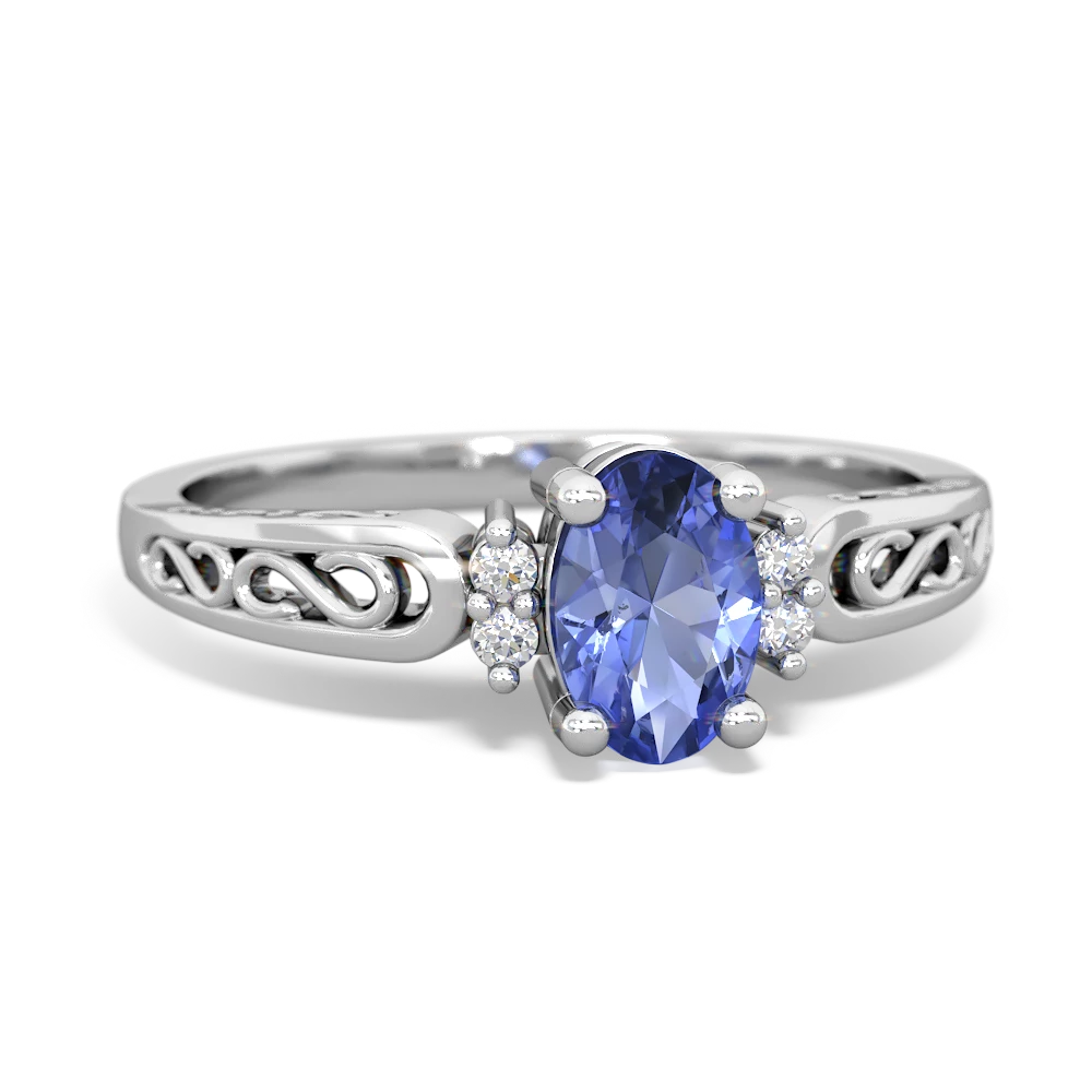 Tanzanite Filligree Scroll Oval 14K White Gold ring R0812