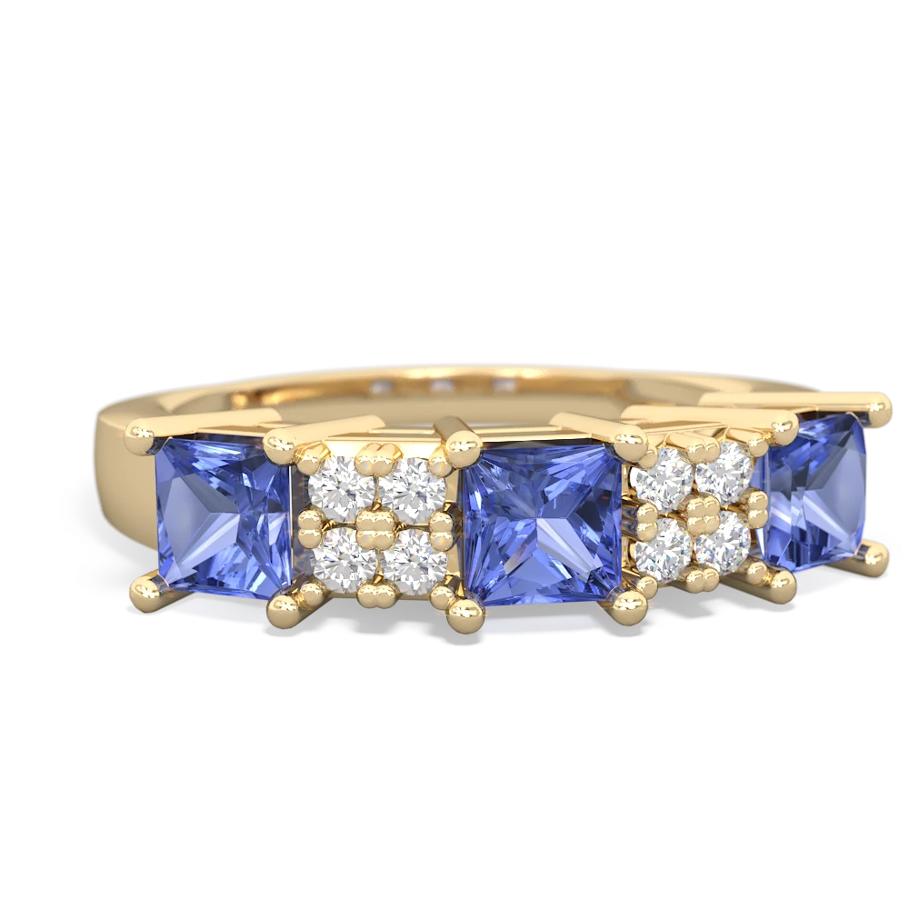 Tanzanite Three Stone Diamond Cluster 14K Yellow Gold ring R2592