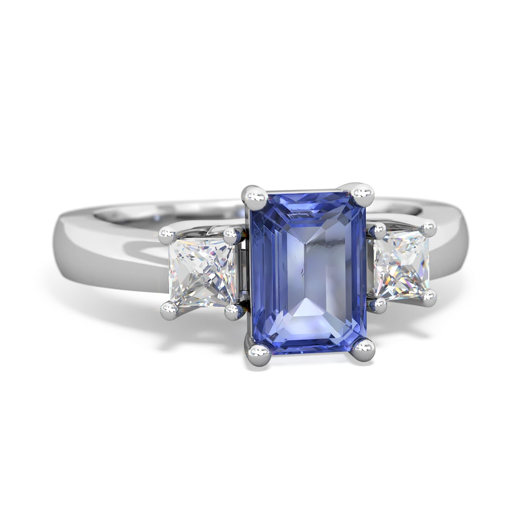 Tanzanite Diamond Three Stone Emerald-Cut Trellis 14K White Gold ring R4021