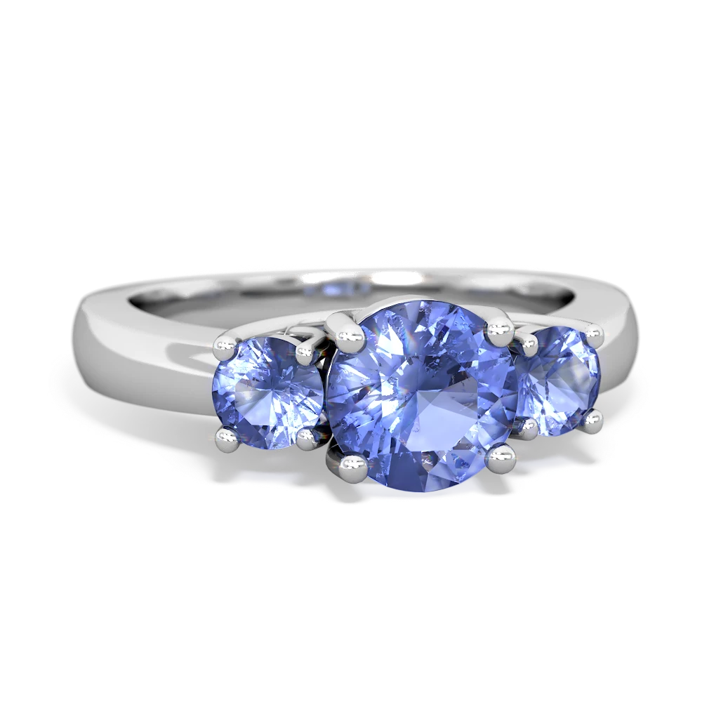 Lab Sapphire Three Stone Round Trellis 14K White Gold ring R4018