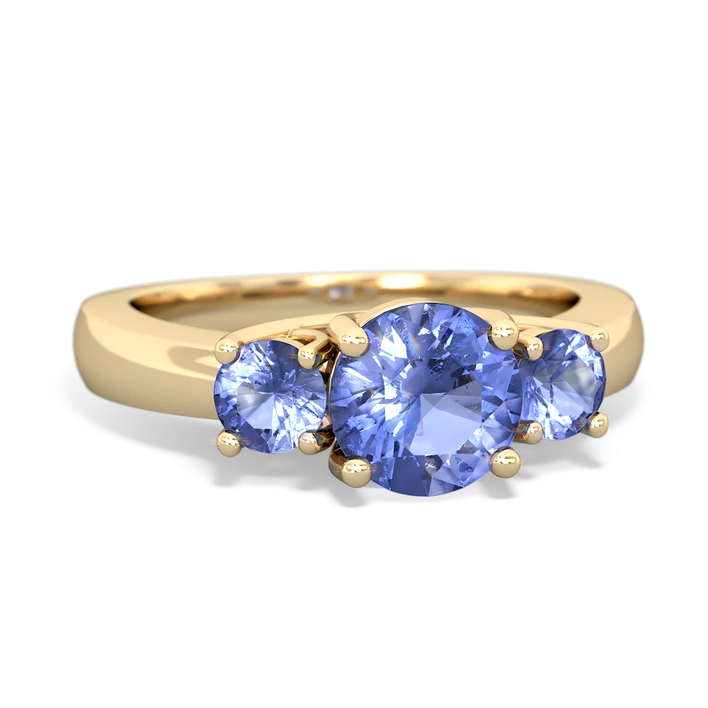 Lab Sapphire Three Stone Round Trellis 14K Yellow Gold ring R4018