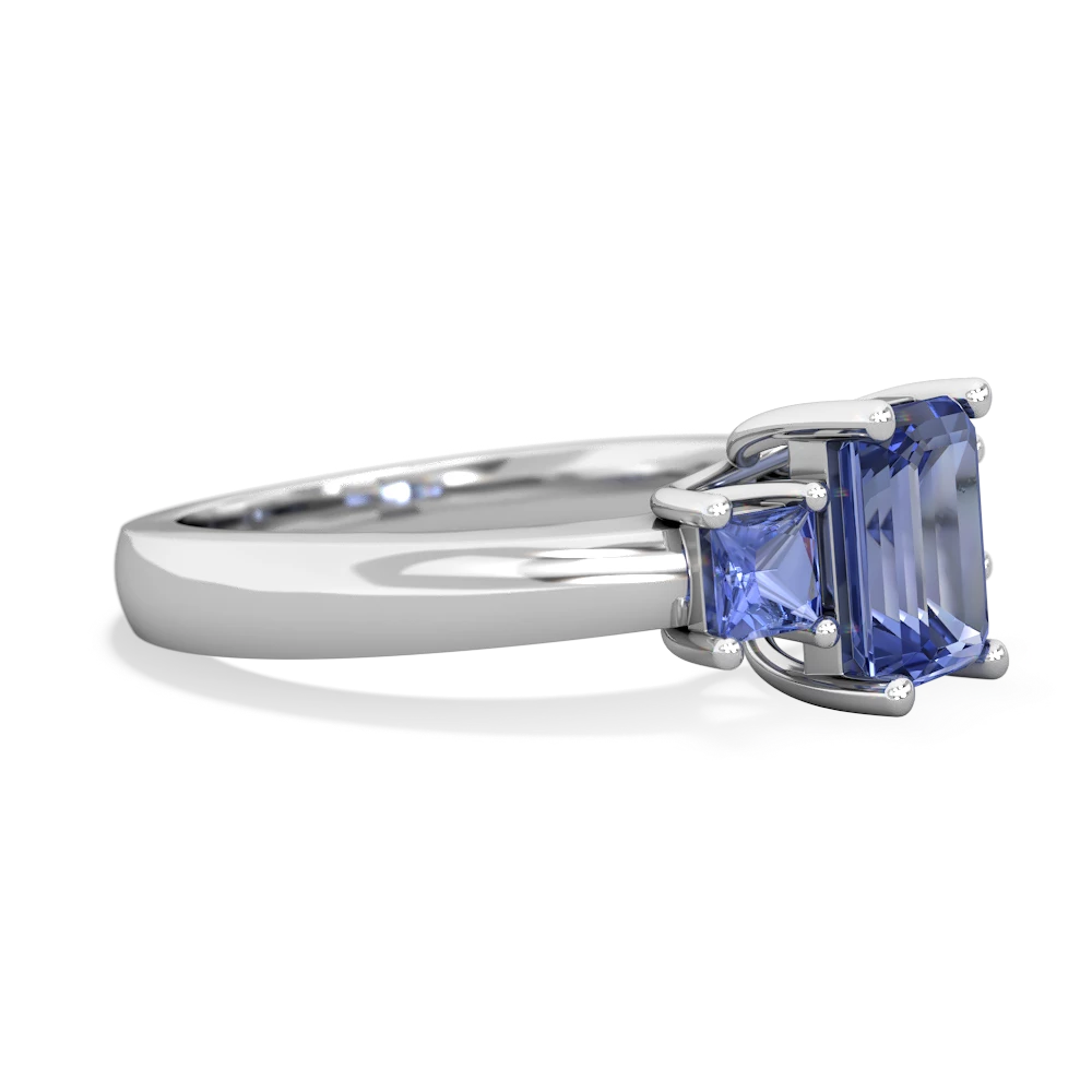 Lab Sapphire Three Stone Emerald-Cut Trellis 14K White Gold ring R4021