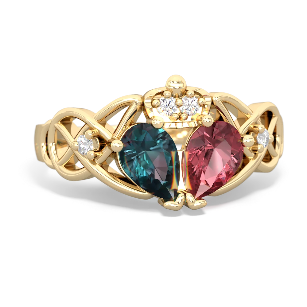 Pink Tourmaline 'One Heart' Celtic Knot Claddagh 14K Yellow Gold ring R5322