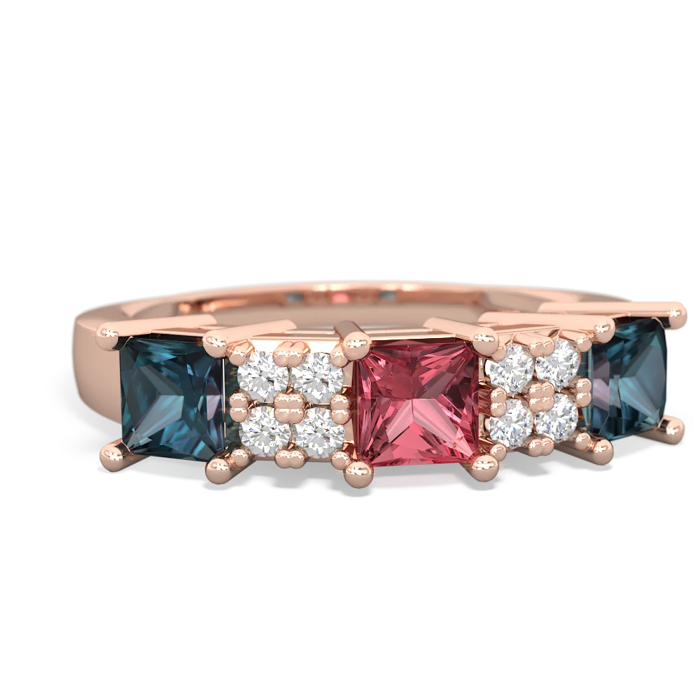 Pink Tourmaline Three Stone Diamond Cluster 14K Rose Gold ring R2592