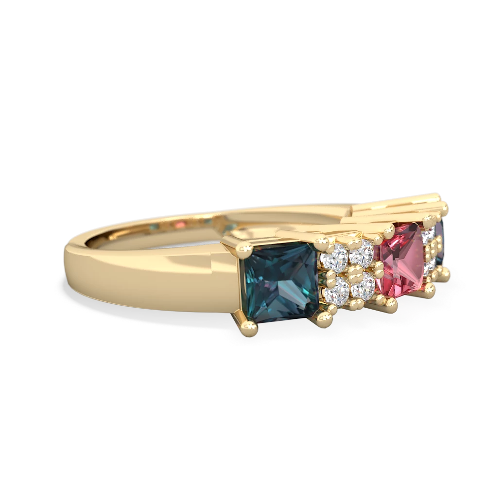 Pink Tourmaline Three Stone Diamond Cluster 14K Yellow Gold ring R2592