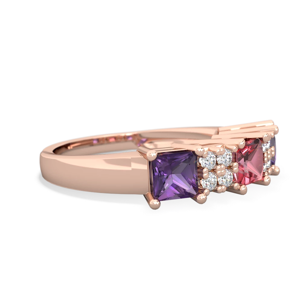 Pink Tourmaline Three Stone Diamond Cluster 14K Rose Gold ring R2592