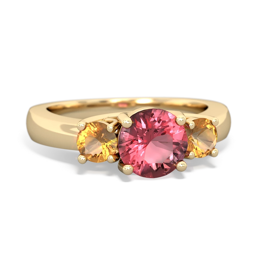 Pink Tourmaline Three Stone Round Trellis 14K Yellow Gold ring R4018