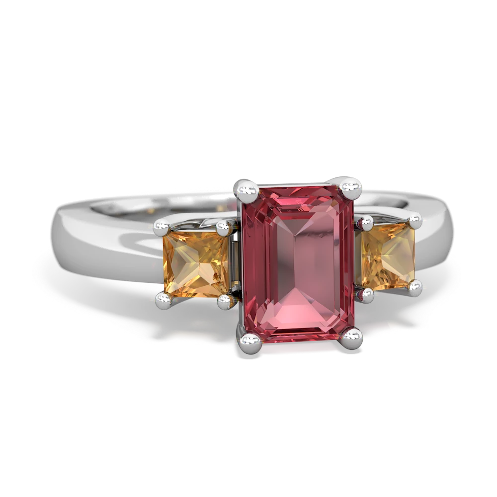 Pink Tourmaline Three Stone Emerald-Cut Trellis 14K White Gold ring R4021