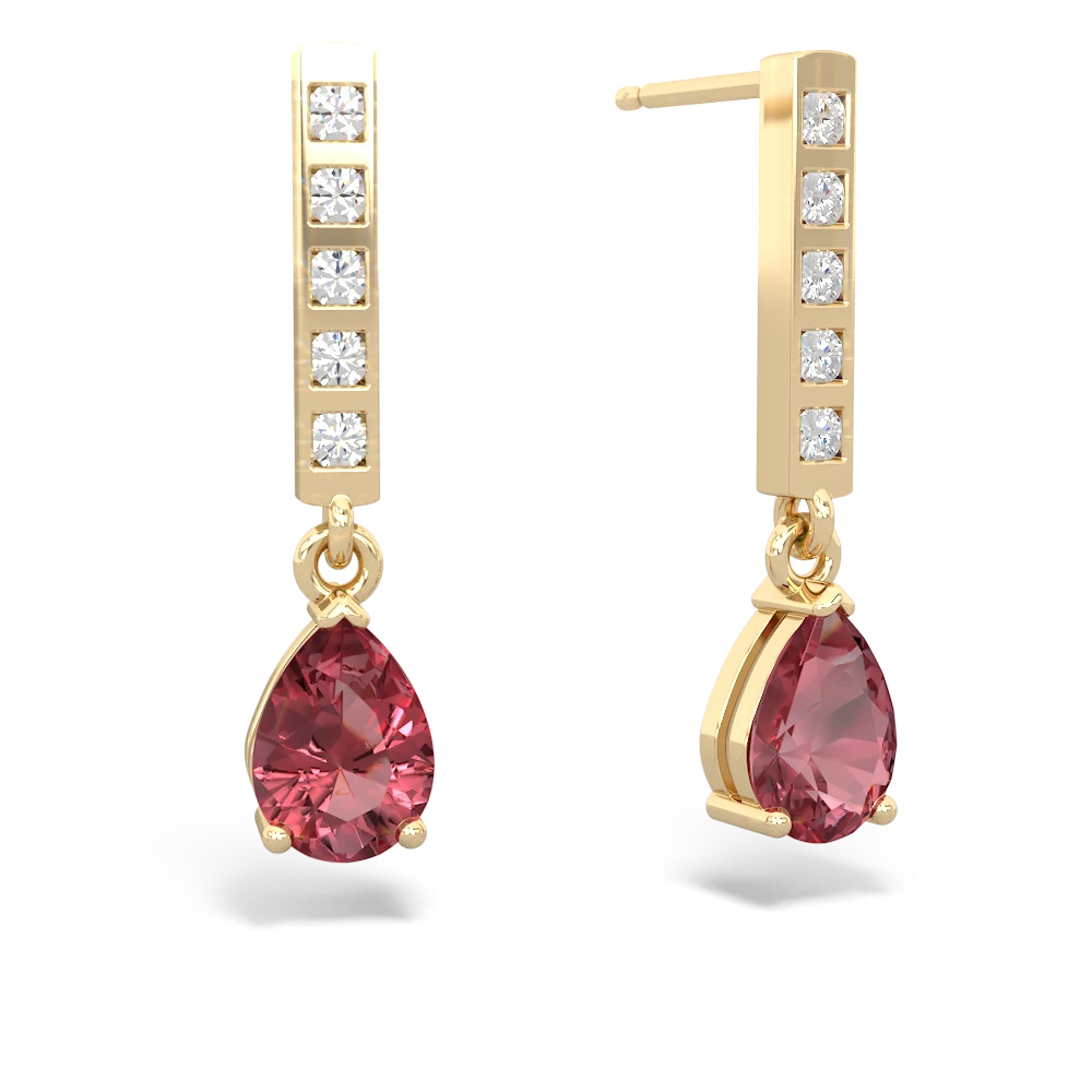 Pink Tourmaline Art Deco Diamond Drop 14K Yellow Gold earrings E5324