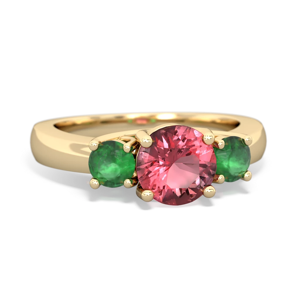 Pink Tourmaline Three Stone Round Trellis 14K Yellow Gold ring R4018