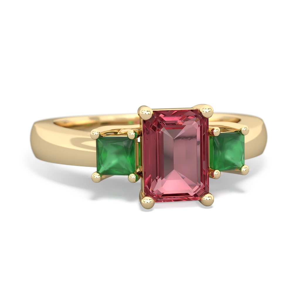 Pink Tourmaline Three Stone Emerald-Cut Trellis 14K Yellow Gold ring R4021