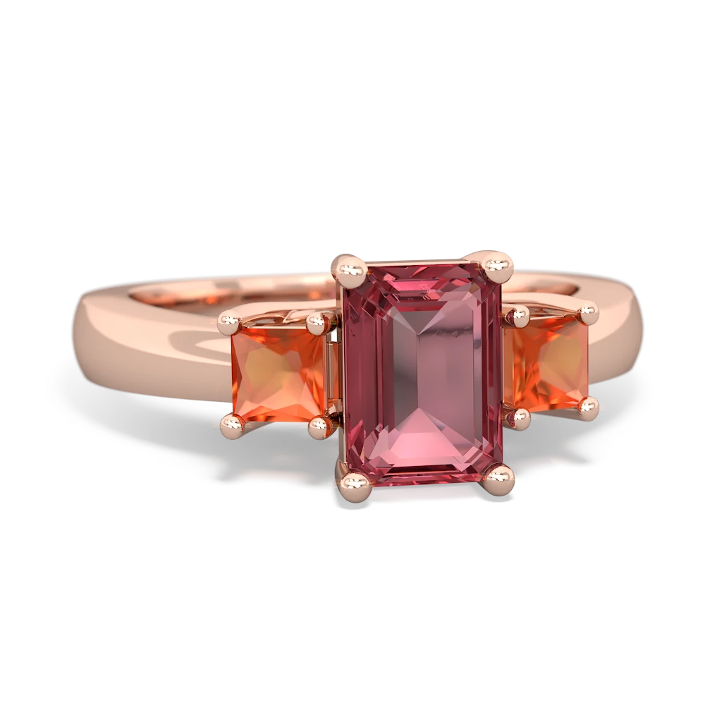 Pink Tourmaline Three Stone Emerald-Cut Trellis 14K Rose Gold ring R4021