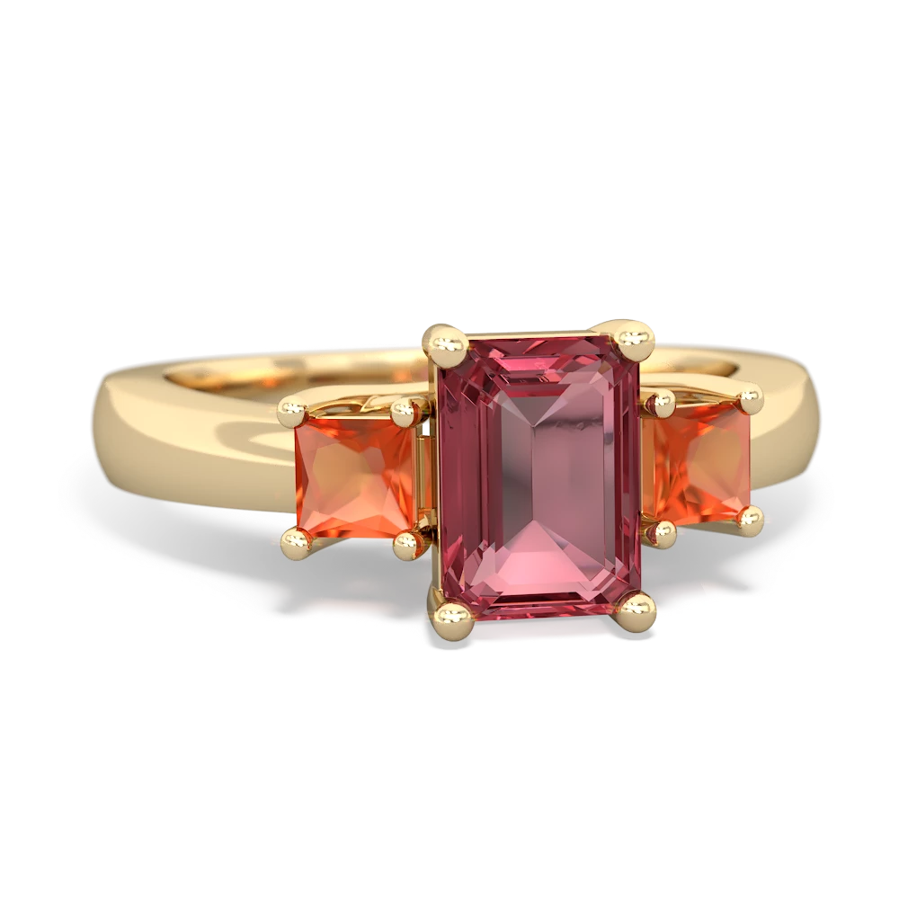 Pink Tourmaline Three Stone Emerald-Cut Trellis 14K Yellow Gold ring R4021