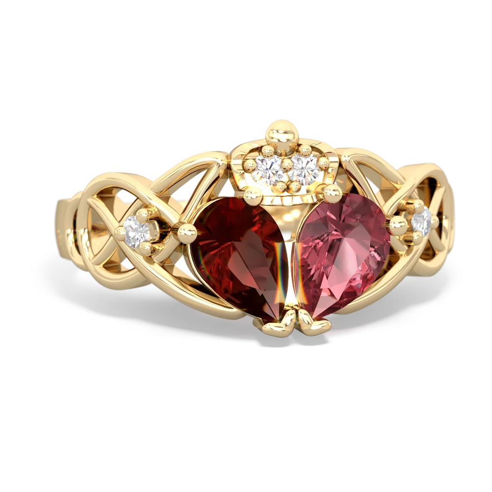 Pink Tourmaline 'One Heart' Celtic Knot Claddagh 14K Yellow Gold ring R5322