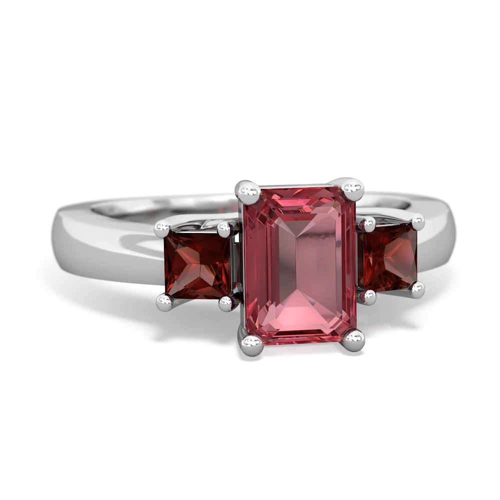 Pink Tourmaline Three Stone Emerald-Cut Trellis 14K White Gold ring R4021