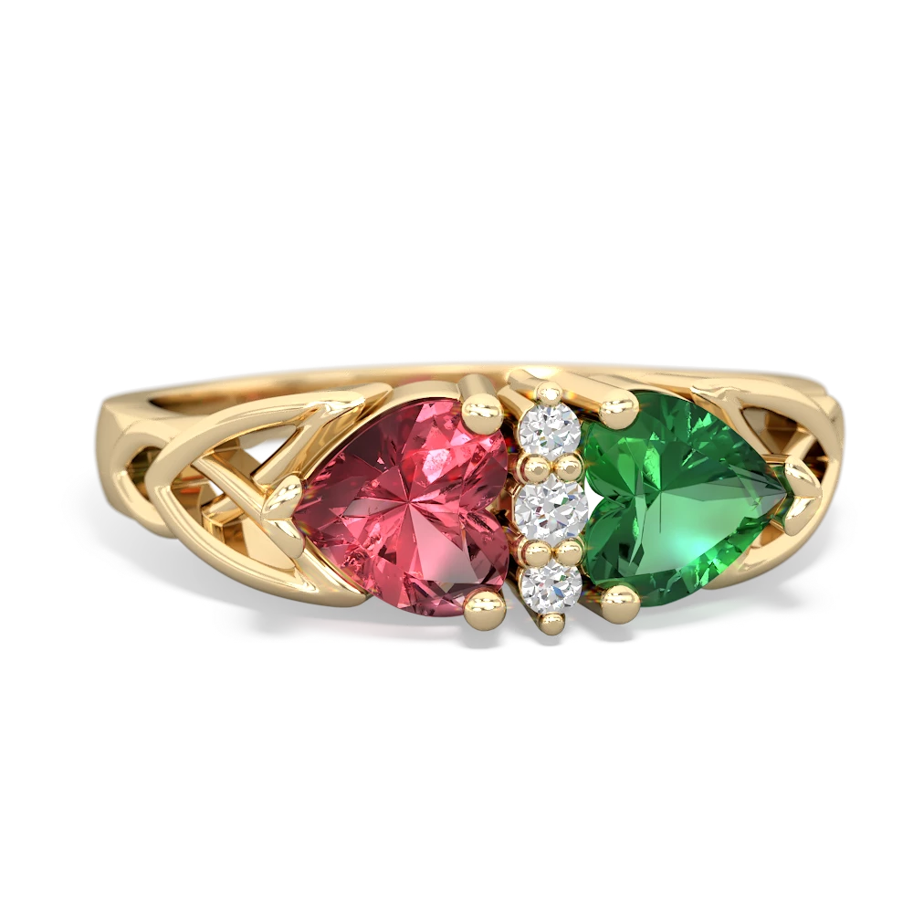 Pink Tourmaline Celtic Knot Double Heart 14K Yellow Gold ring R5040