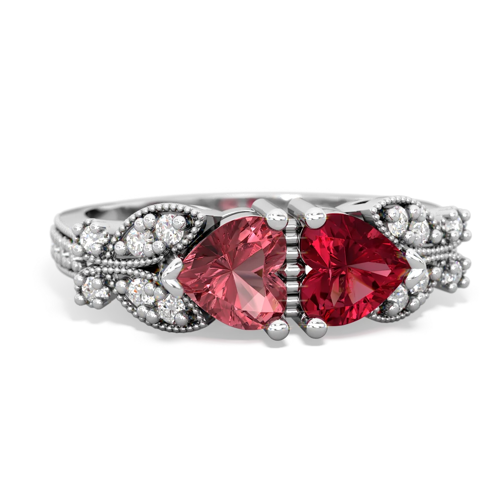 Pink Tourmaline Diamond Butterflies 14K White Gold ring R5601