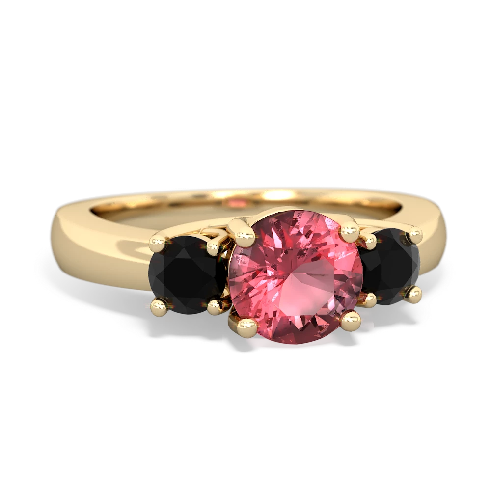 Pink Tourmaline Three Stone Round Trellis 14K Yellow Gold ring R4018