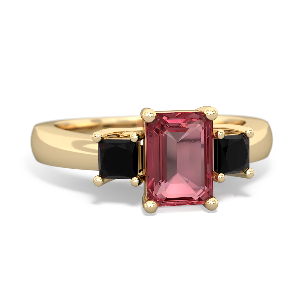 Pink Tourmaline Three Stone Emerald-Cut Trellis 14K Yellow Gold ring R4021