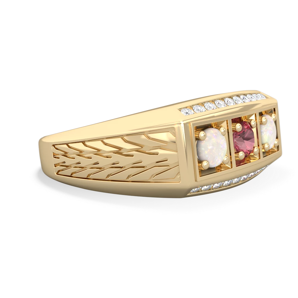 Pink Tourmaline Three Stone Tire Tread Men's 14K Yellow Gold ring R0520