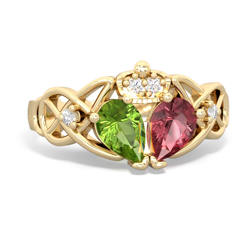 Pink Tourmaline 'One Heart' Celtic Knot Claddagh 14K Yellow Gold ring R5322